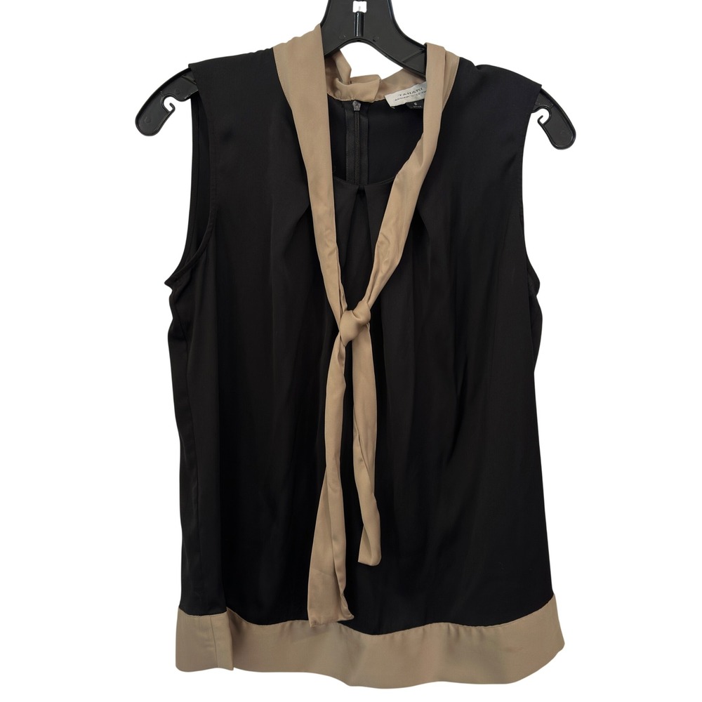 Tahari ASL Blouse Sleeveless Tie Neck Women‎ Black Tan Colorblock Polyester S